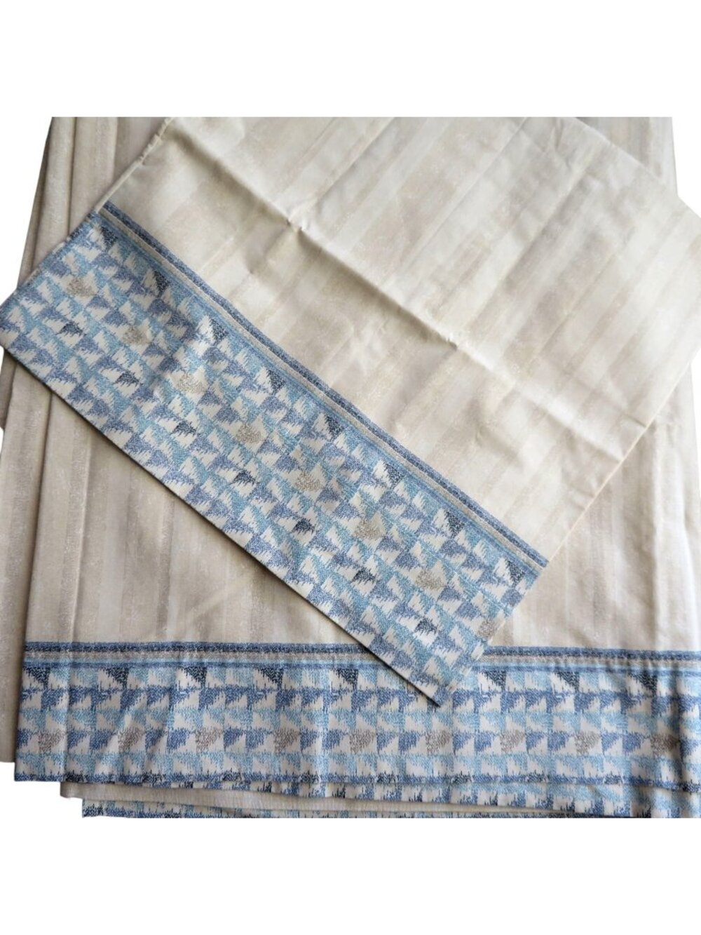 Vintage Springs Queen Flat Sheet King Pillowcase Set Blue Houndstooth Border